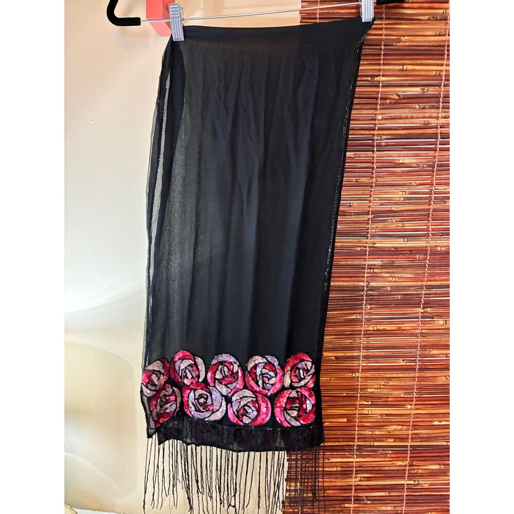VTG Past Times 100% Silk Scarf, Sheer Black with Sequined Roses, Beaded Fringe